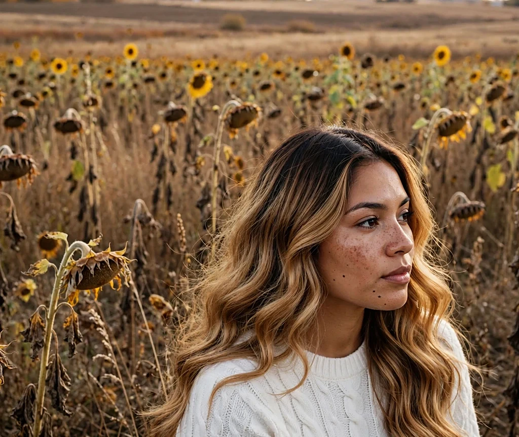 Latina woman with long golden honey root melt waves in a sunflower field in late fall