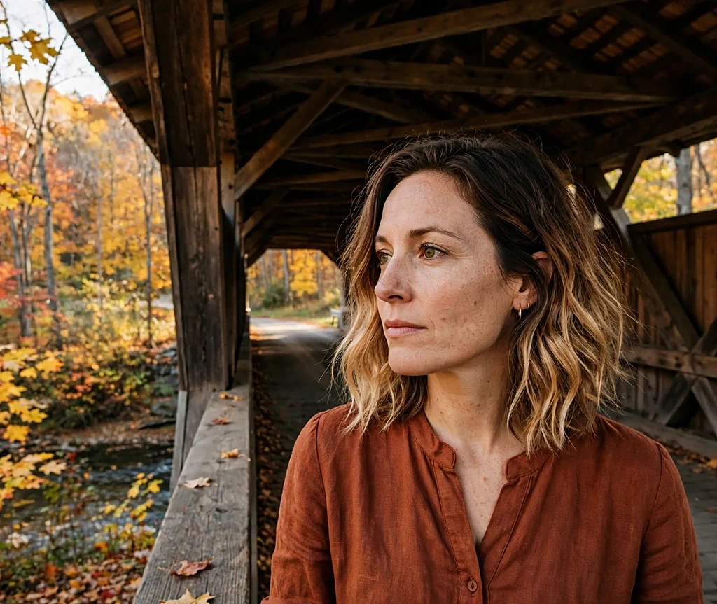 Caucasian woman with wavy butterscotch ombre lob at a covered bridge in autumn