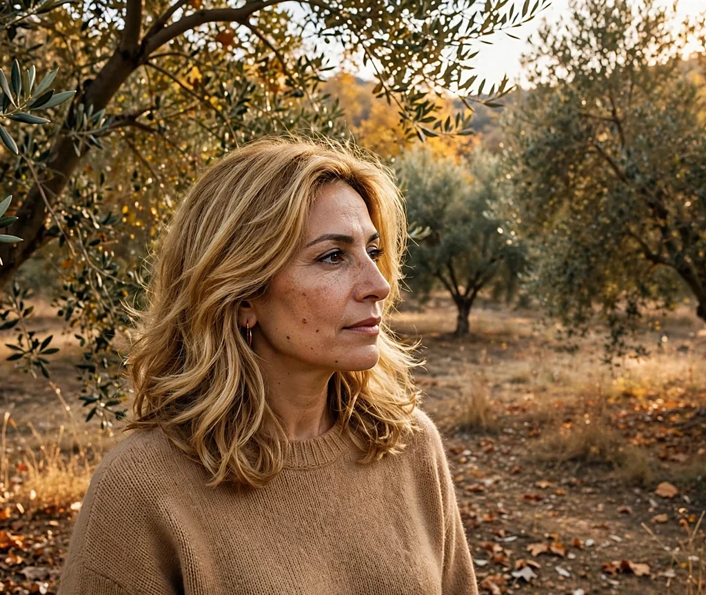 Middle Eastern woman with layered warm golden blonde shoulder-length hair in an olive grove in autumn