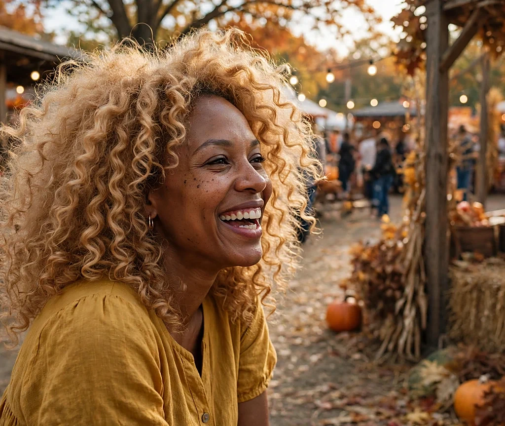 Black woman with voluminous honey blonde curls at a fall festival