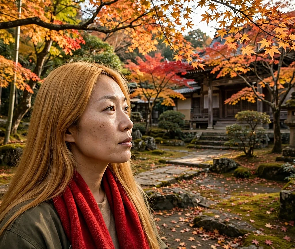 East Asian woman with sleek golden amber shiny straight hair in a temple garden with autumn maples
