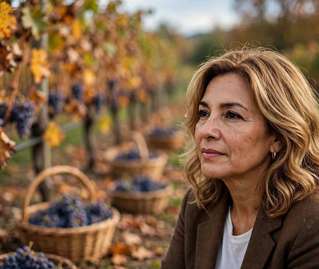Latina woman with shoulder-length warm toffee blonde waves at a vineyard harvest
