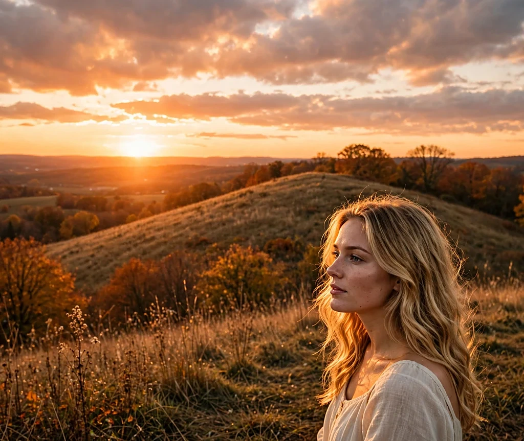 Caucasian woman with long sunset honey blonde waves glowing in backlight on a hilltop at sunset