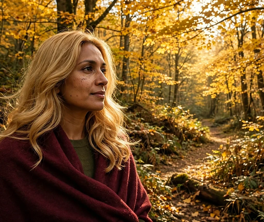 South Asian woman with long golden autumn glow blonde waves in a glowing autumn forest