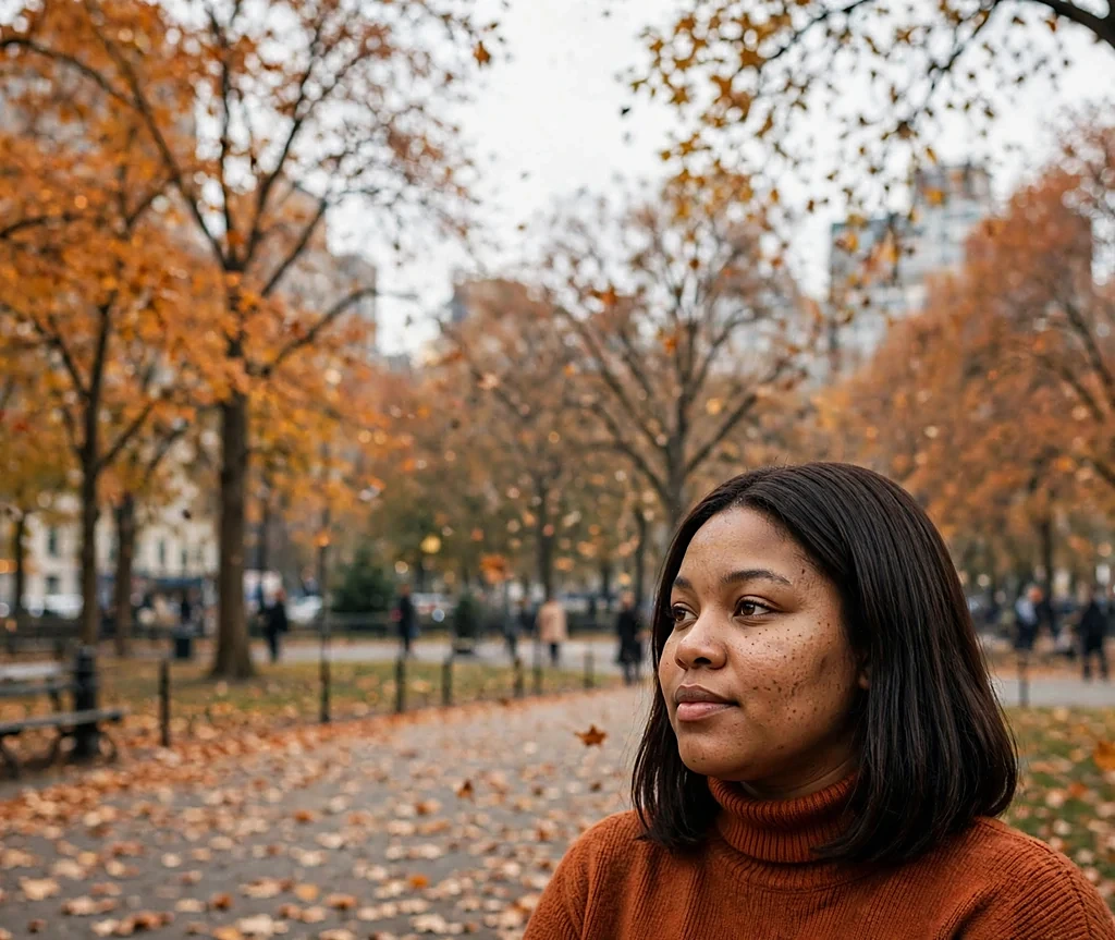 Woman with dark chocolate lob hairstyle in an autumn park