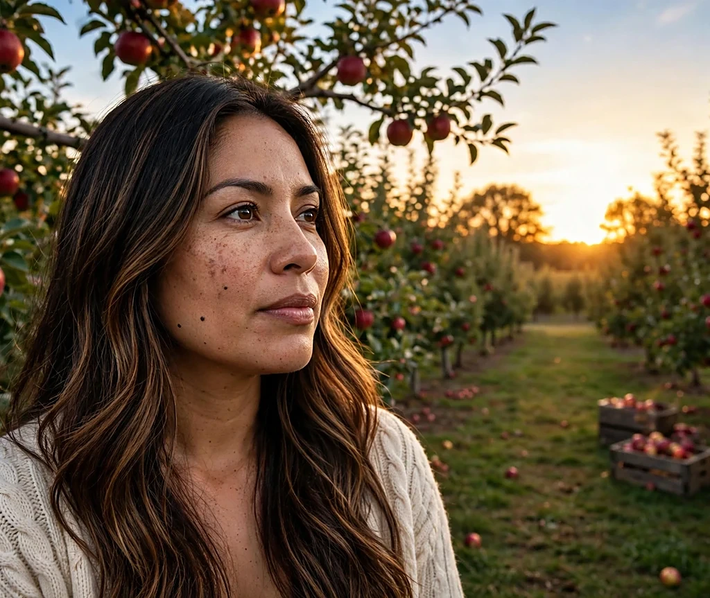 Woman with cinnamon swirl balayage on long dark hair in an apple orchard