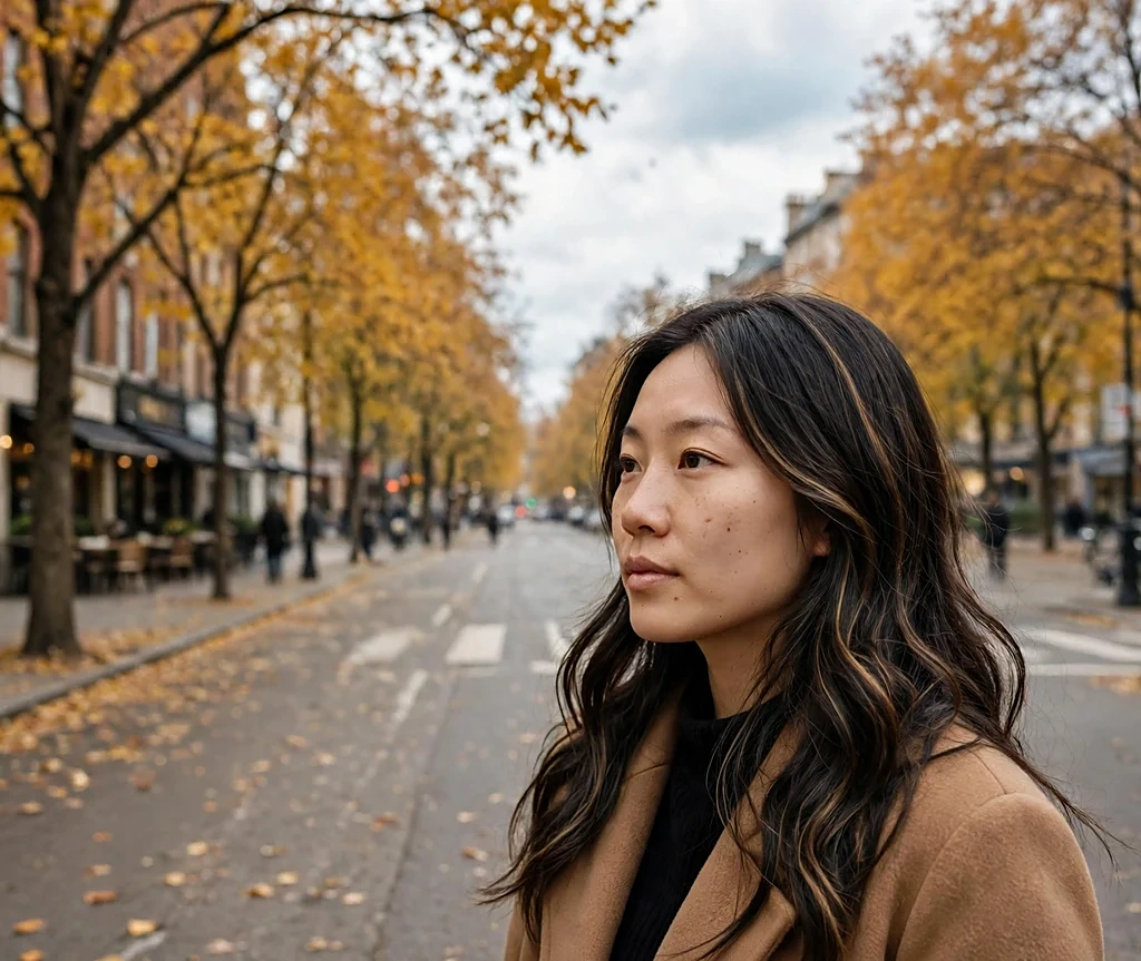 Woman with caramel ribbon highlights in dark brunette hair on a city street