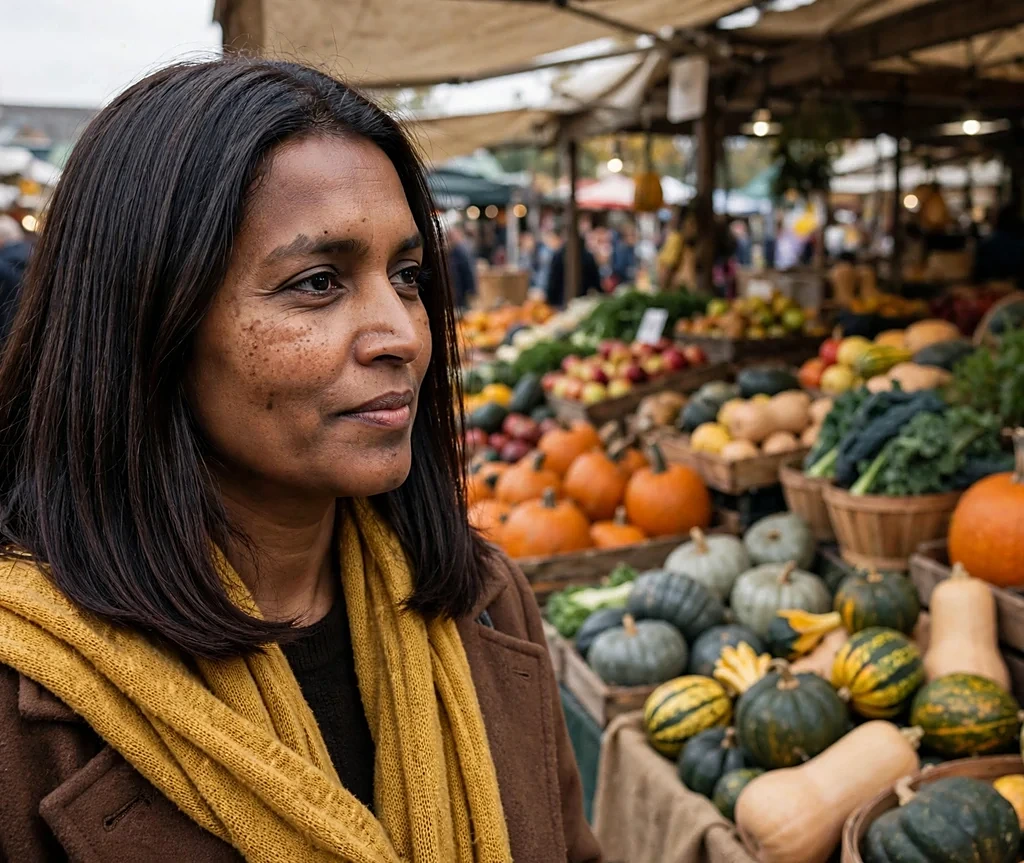Woman with espresso brown glossy hair at a farmers market