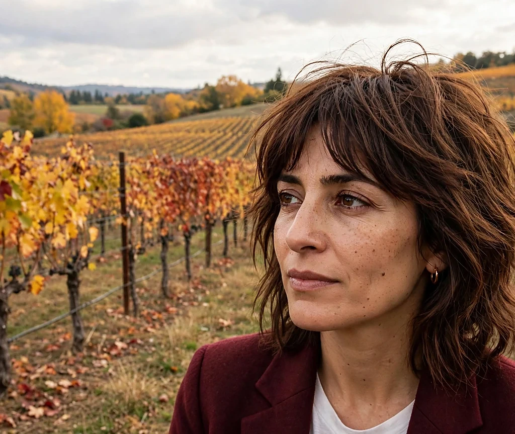 Woman with chestnut shag layered haircut in an autumn vineyard
