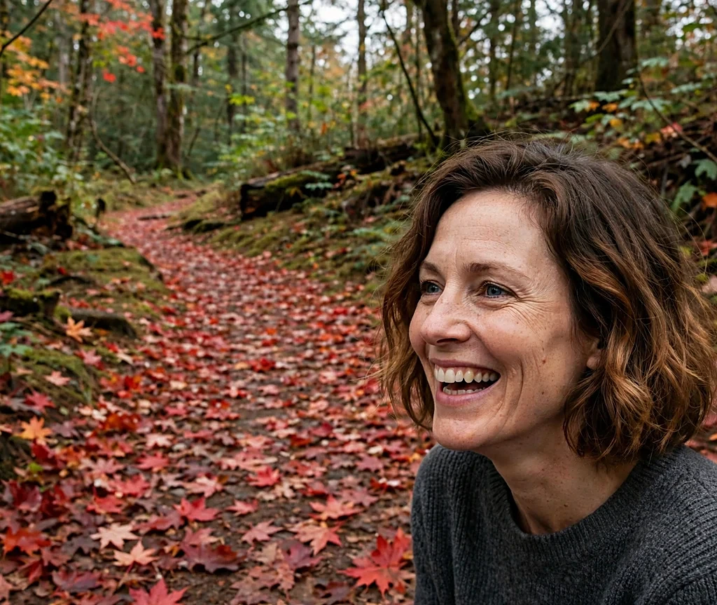 Woman with toffee melt bob haircut on a forest path with red maple leaves