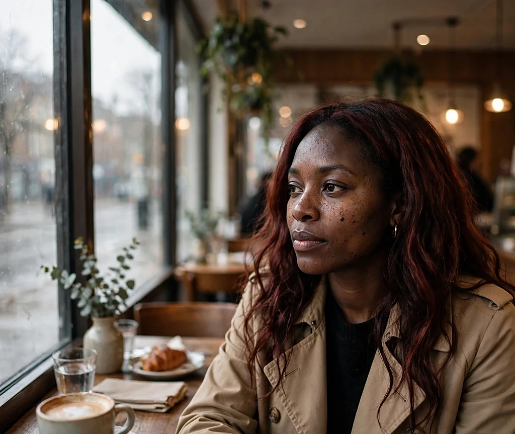 Woman with dark auburn wavy hair in a coffee shop