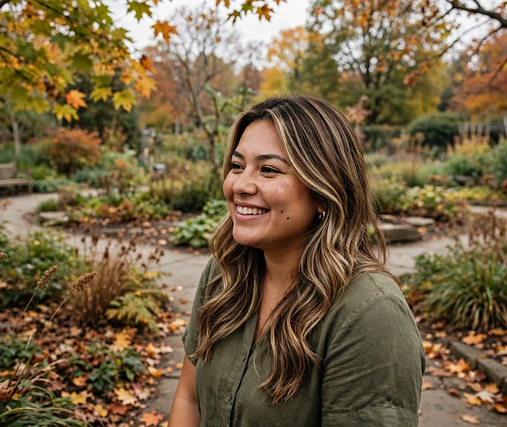 Woman with mocha latte layered hair in a botanical garden
