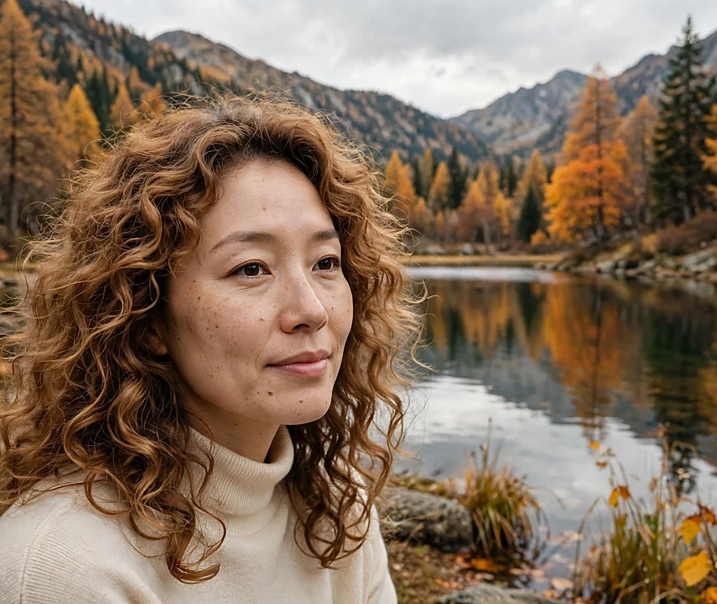 Woman with golden chestnut curly hair by a mountain lake
