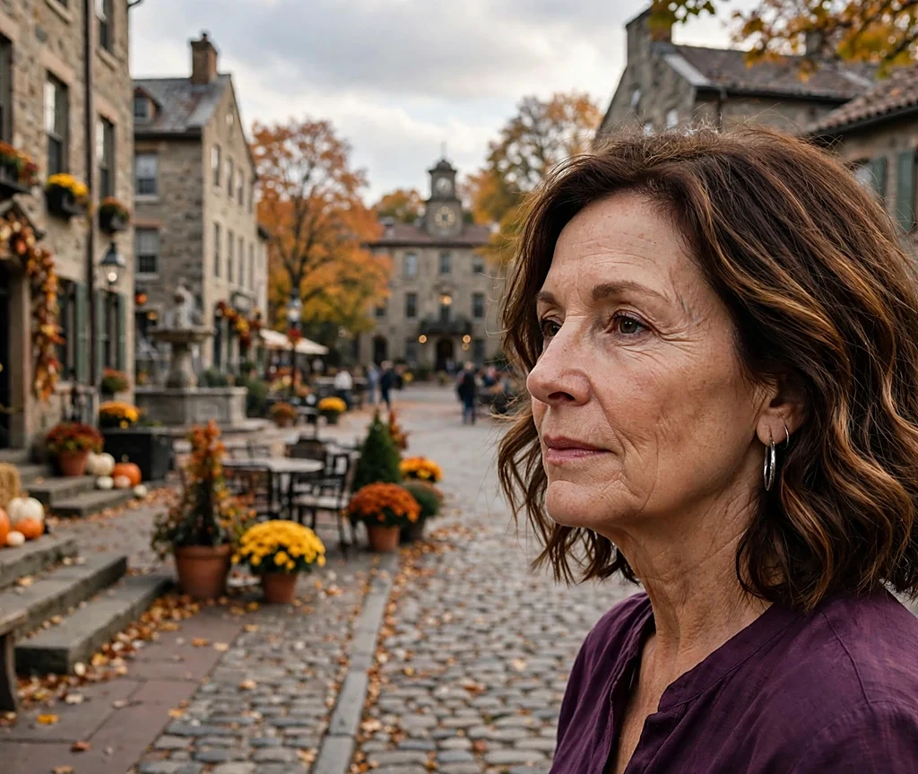 Woman with burnt caramel balayage bob in a historic town square