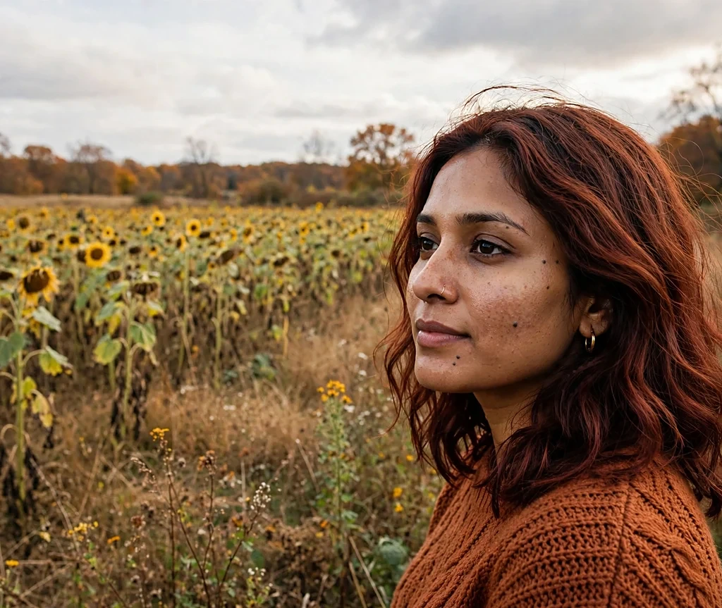 Woman with spiced mahogany wavy hair in a sunflower field