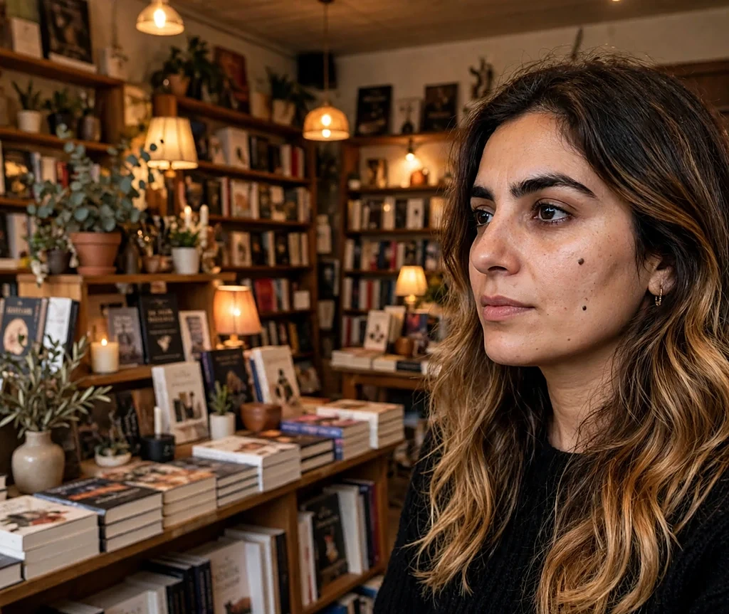 Woman with honey-dipped brunette long hair in a cozy bookstore