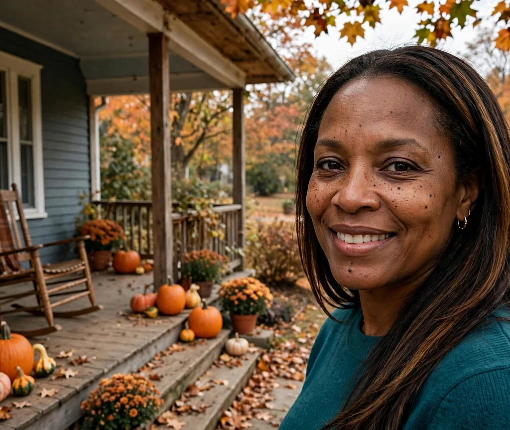 Woman with dark roast brunette sleek hair on an autumn porch