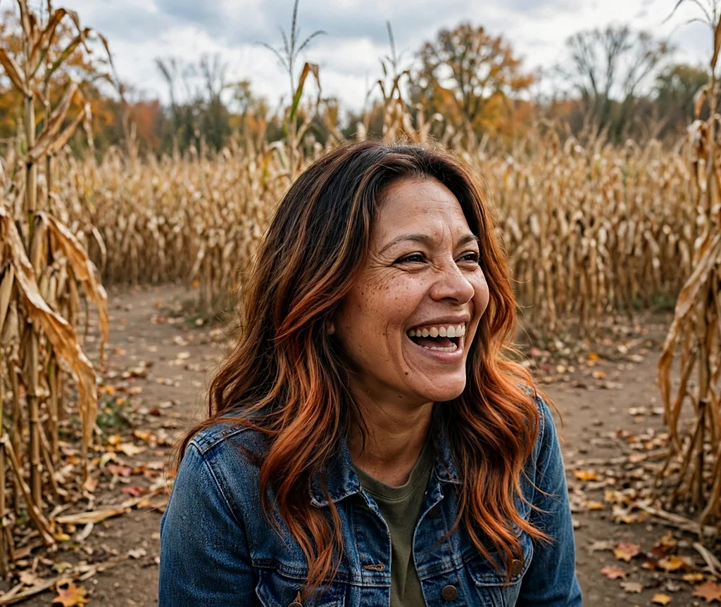 Woman with cinnamon copper ombre long hair in a corn maze