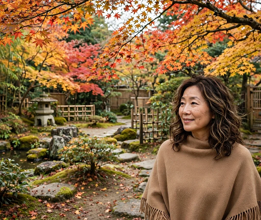 Woman with butterscotch highlights in a maple garden