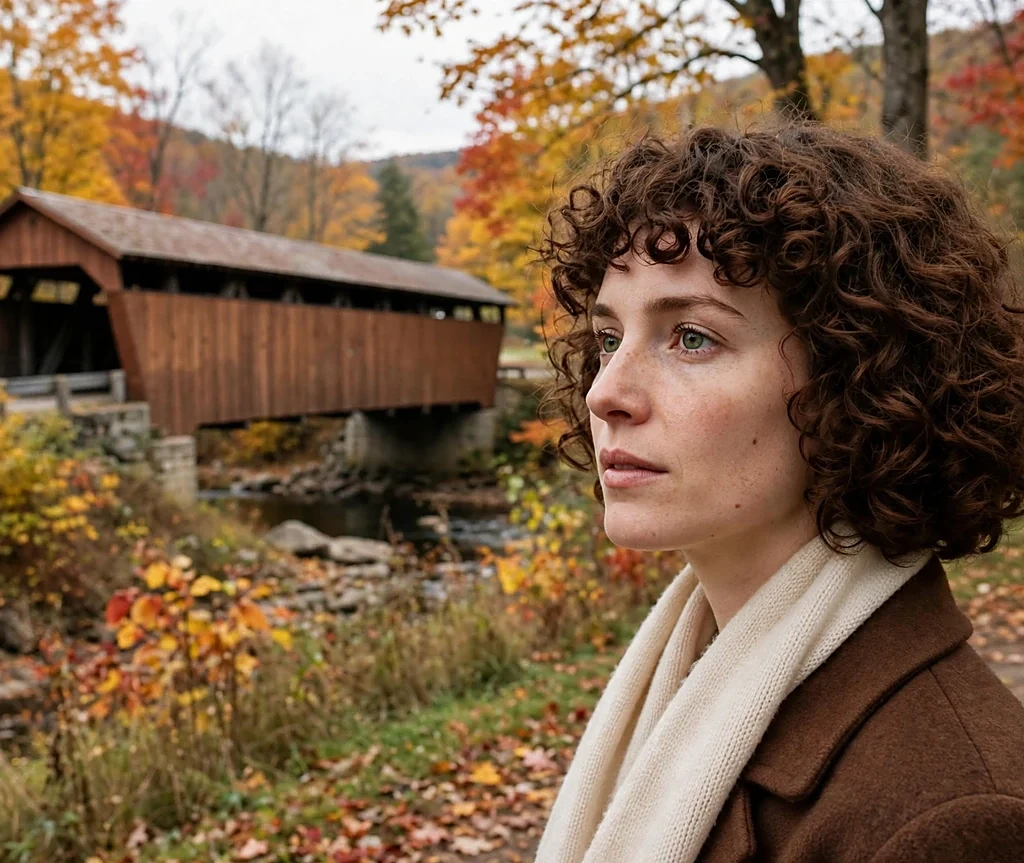 Woman with rich cocoa curly bob near a covered bridge