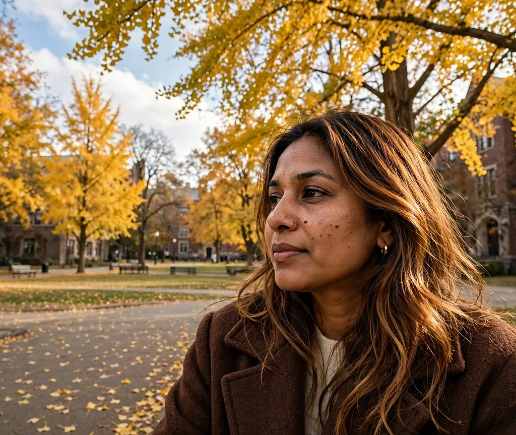 Woman with maple brown layered hair on a university campus