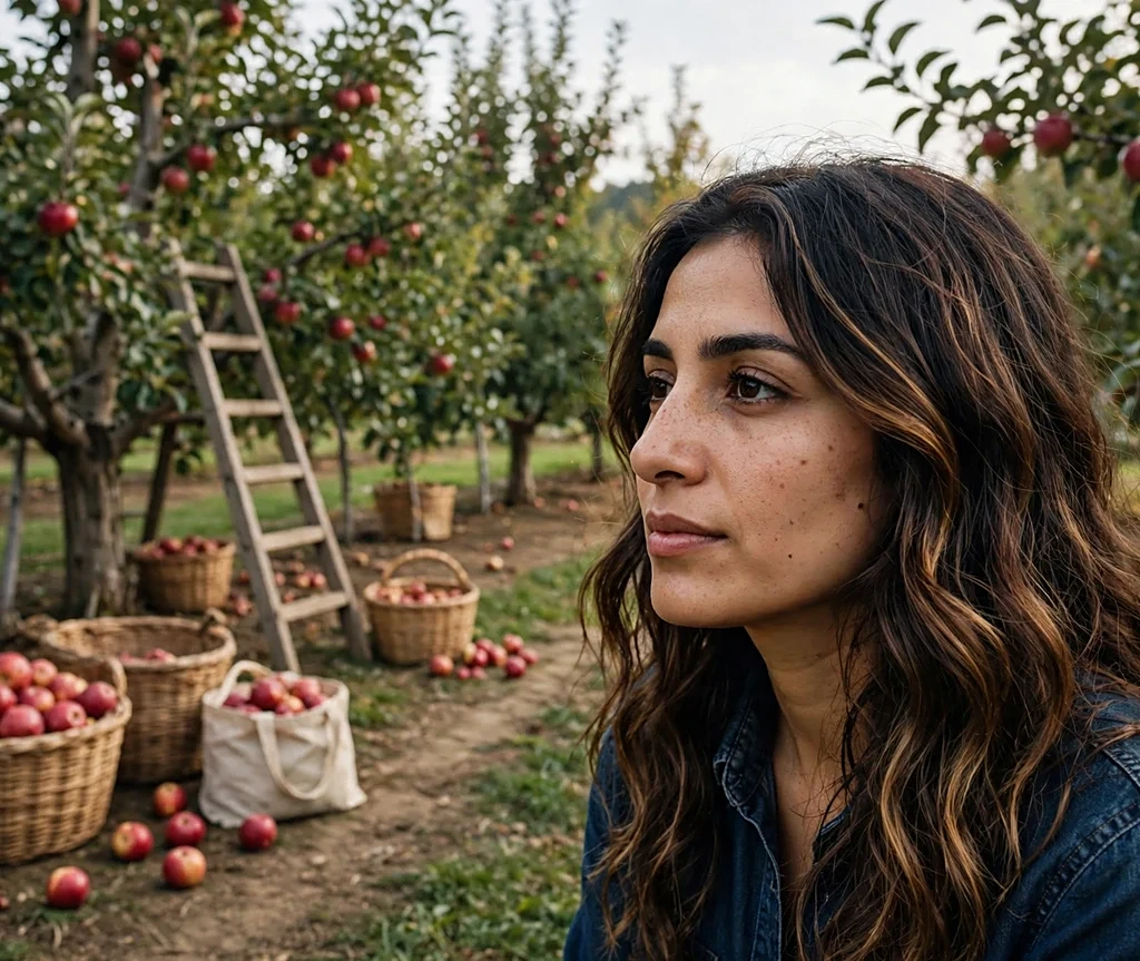 Woman with warm walnut balayage at an apple farm
