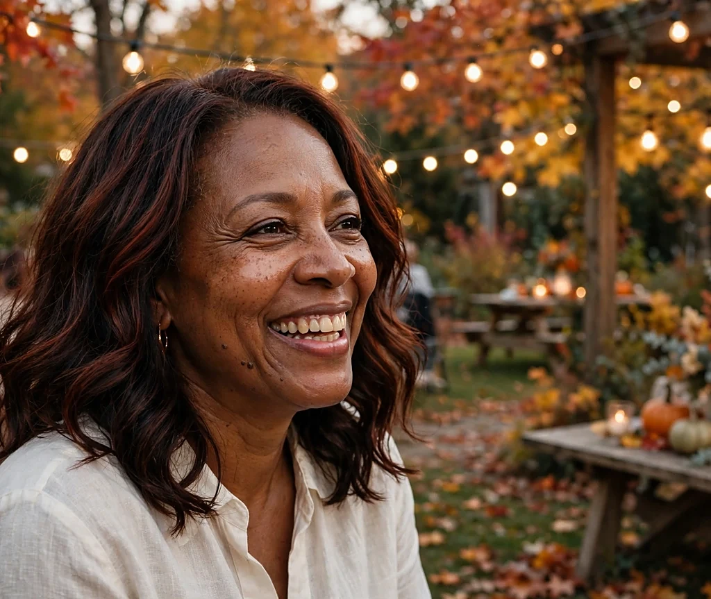 Woman with cherry cola brunette waves at an autumn garden party
