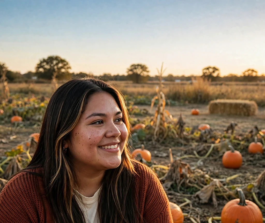 Woman with golden brown face-framing highlights in a pumpkin patch