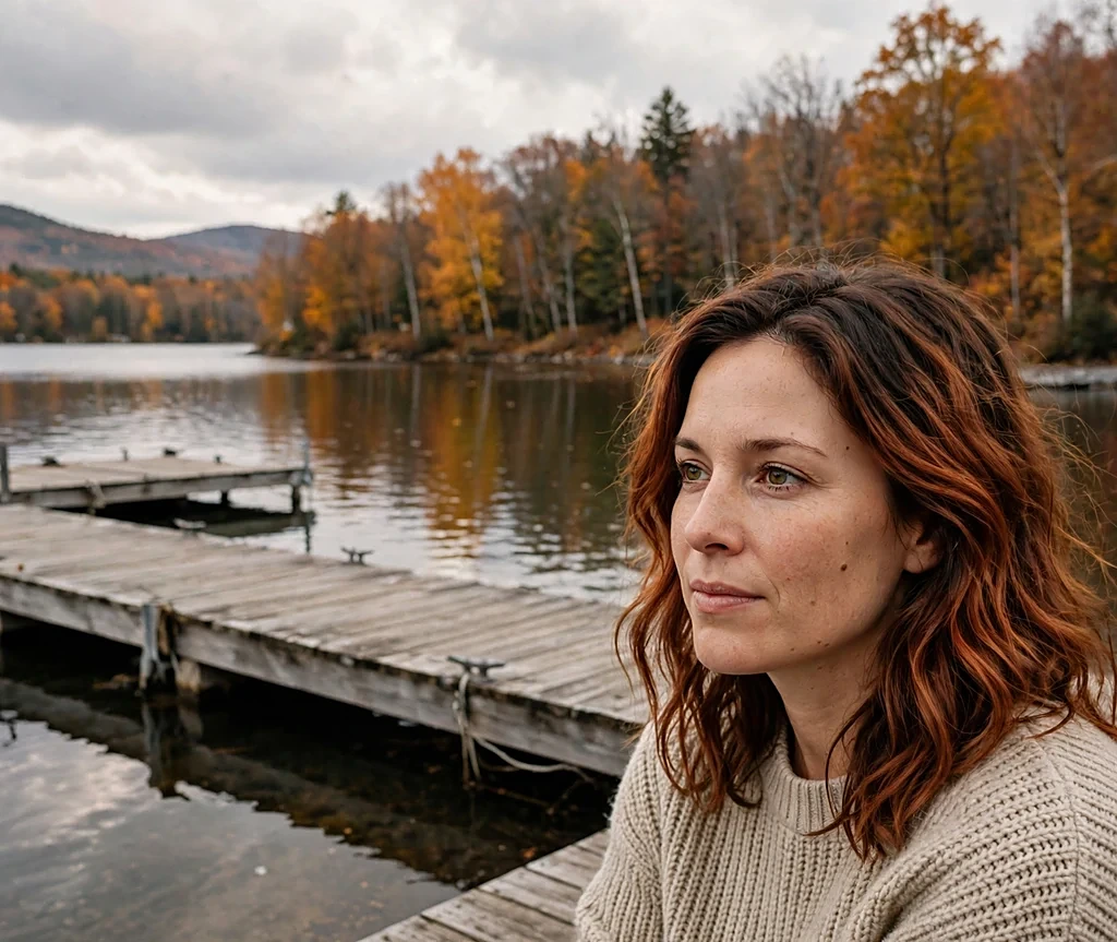 Woman with autumn copper melt hair color by a lakeside dock