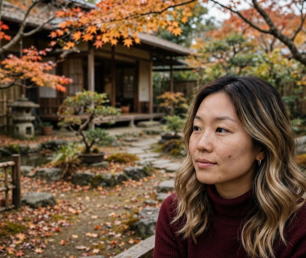 Woman with toasted marshmallow balayage in a tea house garden