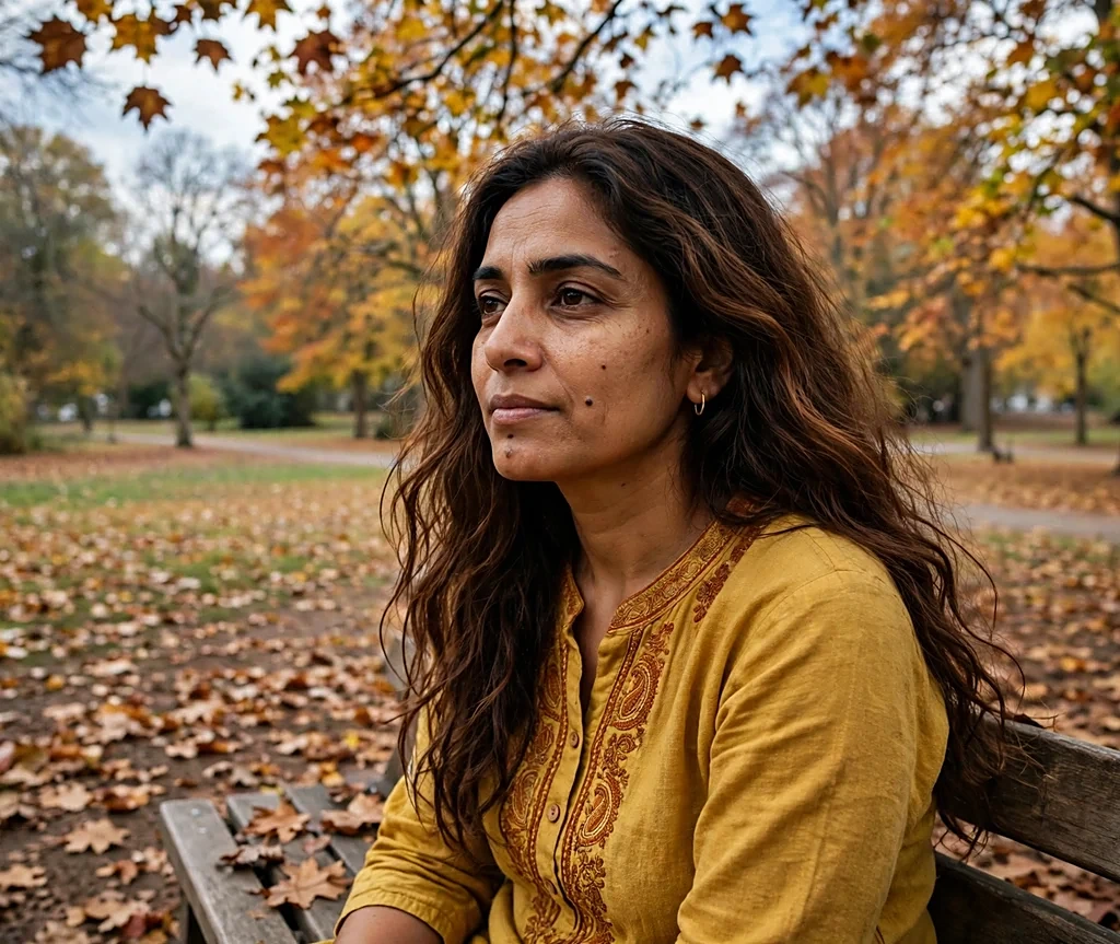 Woman with deep mocha wavy hair on an autumn park bench