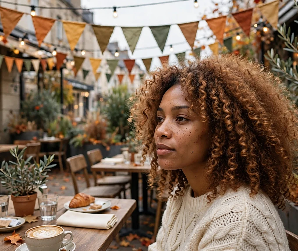Woman with cinnamon spice curly hair on a cafe terrace