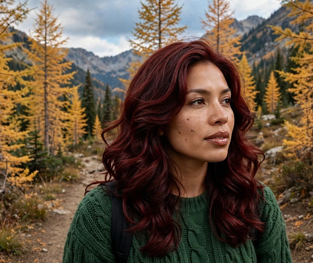 Woman with mahogany silk blowout on a hiking trail