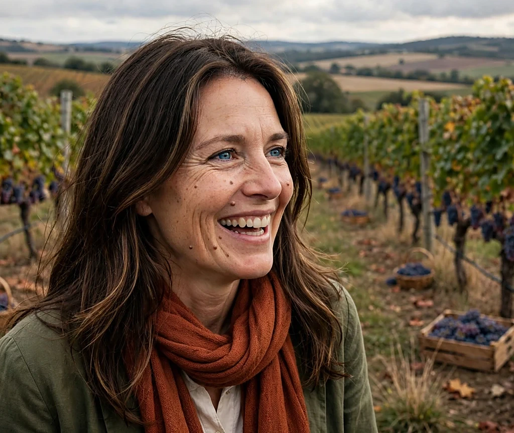 Woman with warm hazelnut highlights in a vineyard