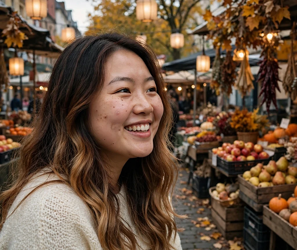 Woman with dark caramel ombre long hair at a street market
