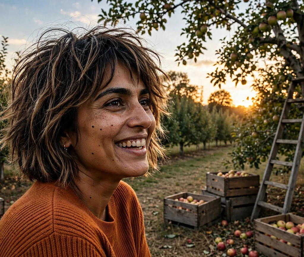 Woman with toffee crunch layered bob in an orchard