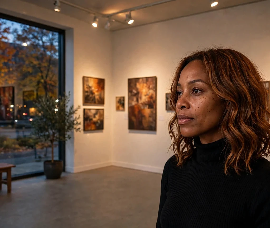 Woman with spiced cider wavy hair at an art gallery