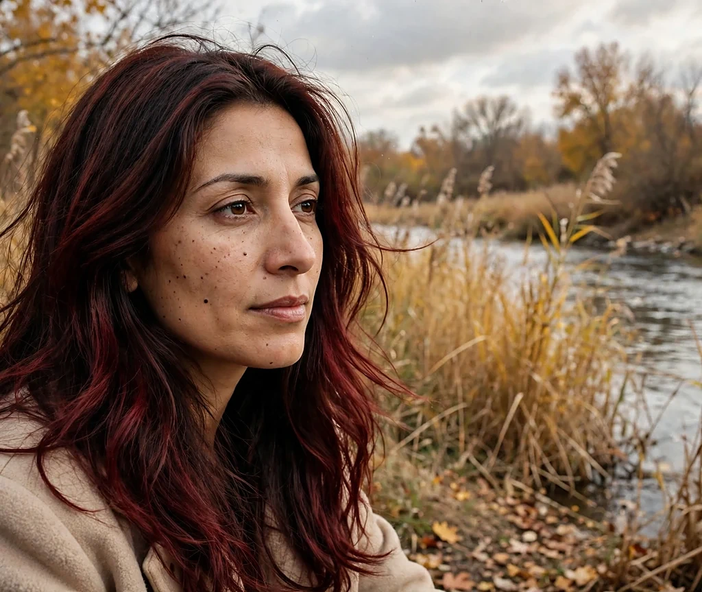 Woman with chocolate cherry melt hair color by an autumn riverside