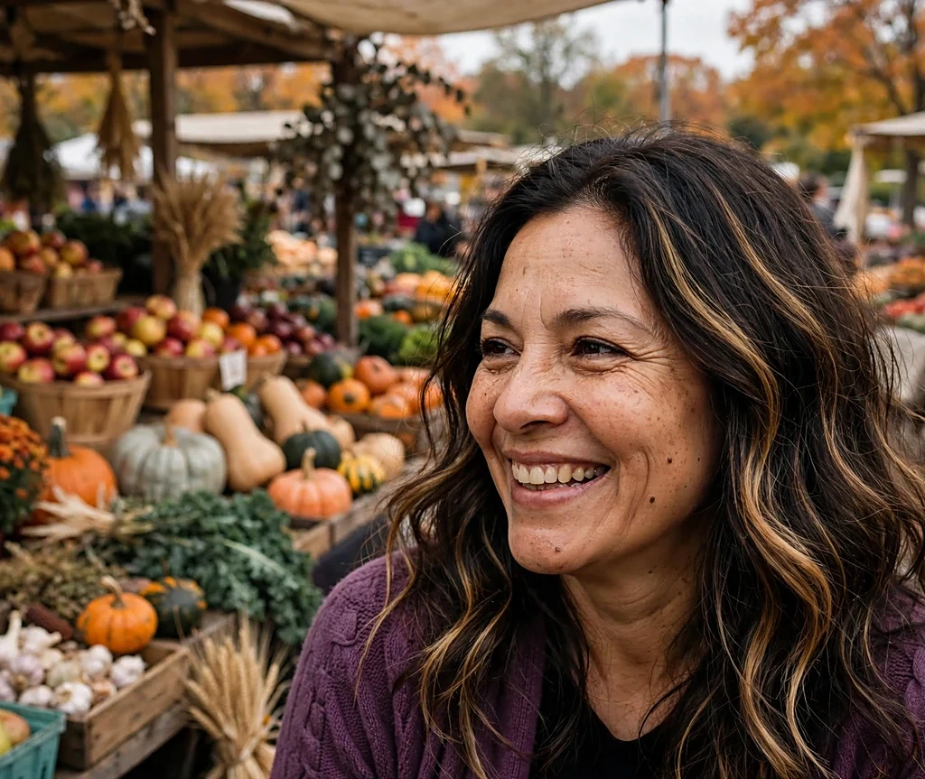 Woman with golden toffee balayage at a farmers market