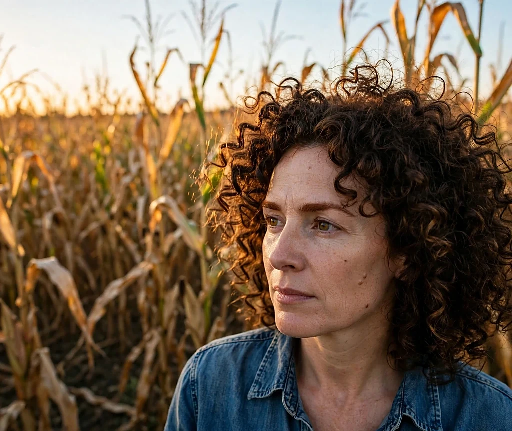Woman with espresso bean curly hair in a cornfield