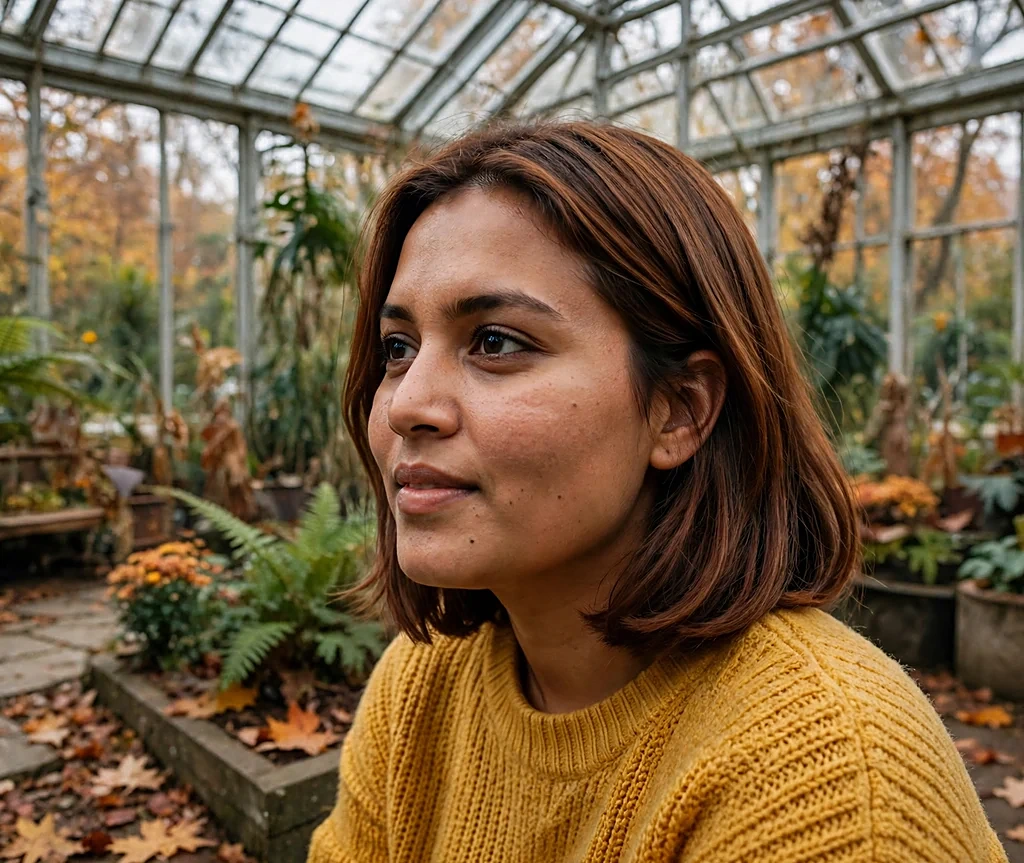 Woman with warm pecan brown lob in a botanical garden
