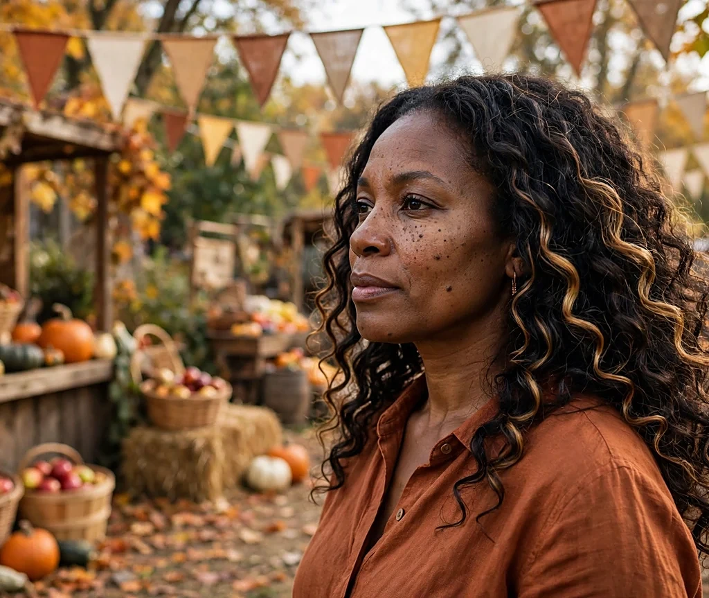 Woman with dark honey balayage at an autumn harvest festival
