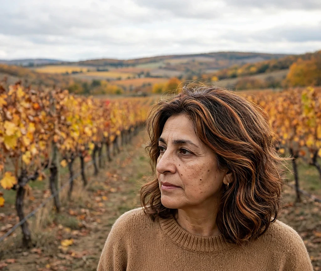 Woman with autumn leaves balayage in a vineyard