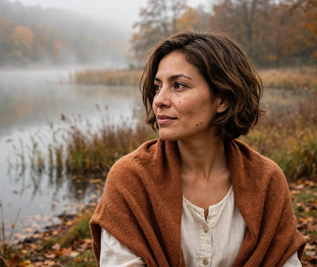 Woman with roasted almond brown bob by a misty lake