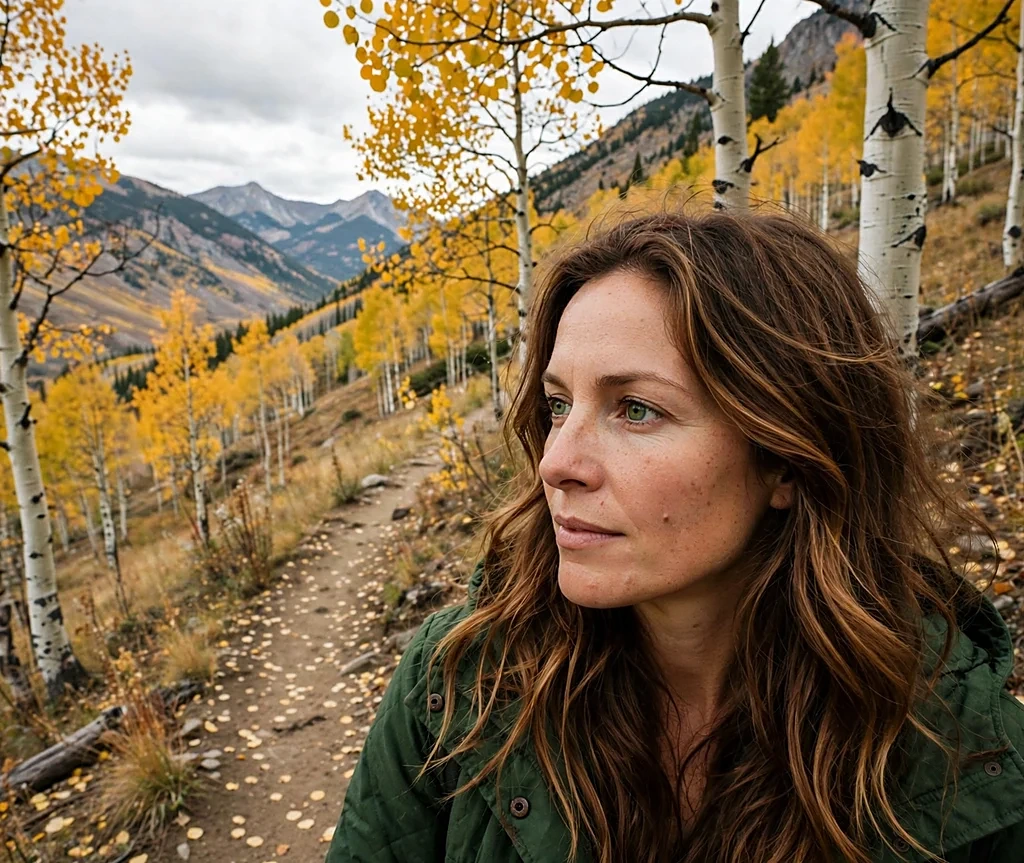 Woman with cinnamon sugar wavy hair on a mountain trail