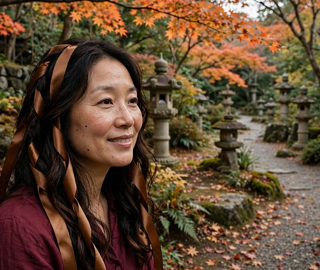 Woman with deep caramel ribbon highlights in a maple garden