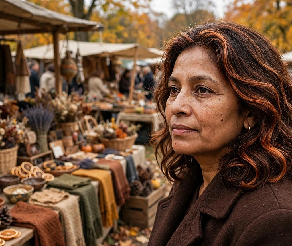 Woman with molten copper wavy hair at an autumn craft market