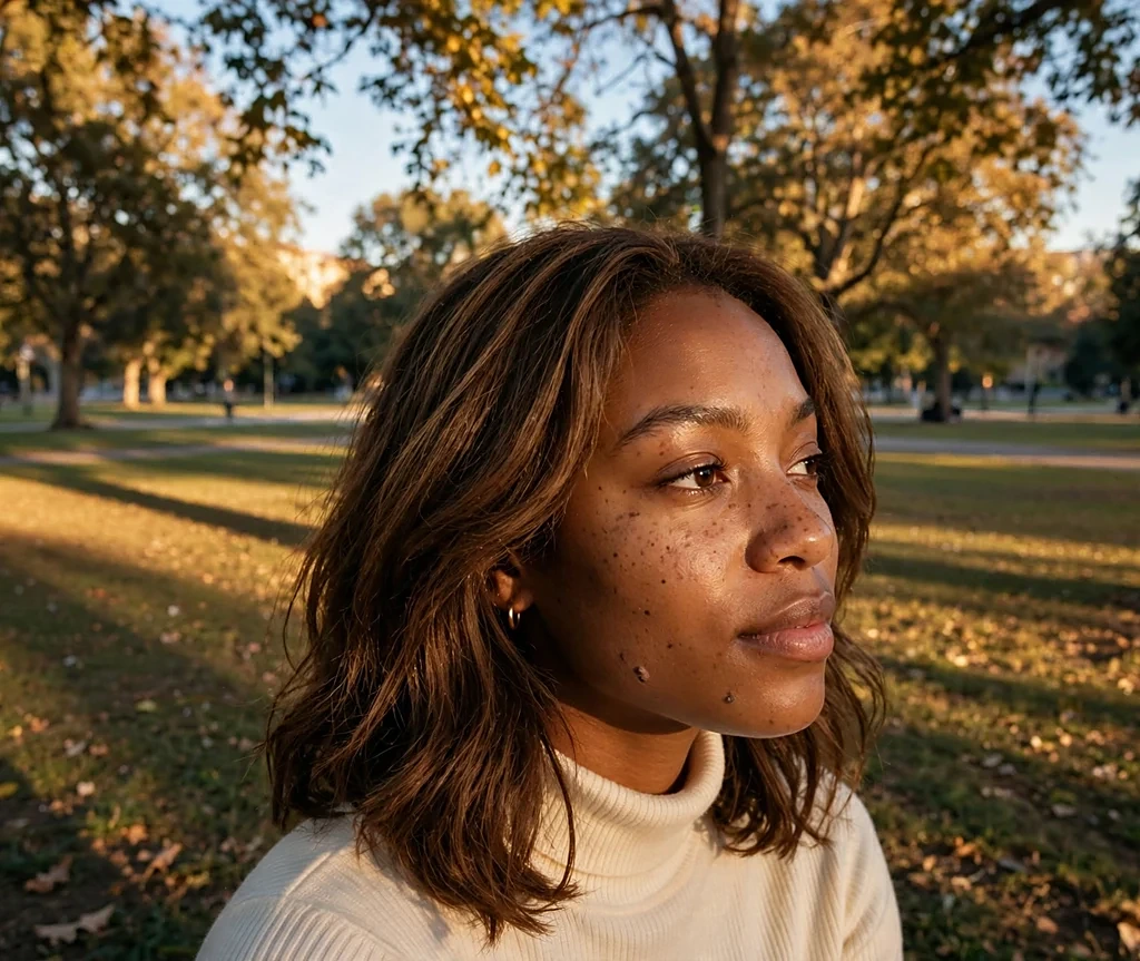 Woman with warm truffle brown layered hair in a golden park