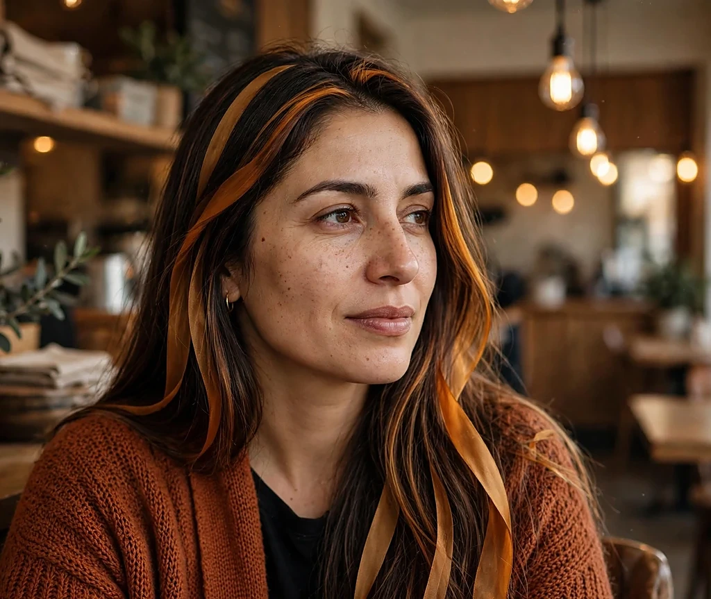 Woman with amber glow balayage in a cozy cafe