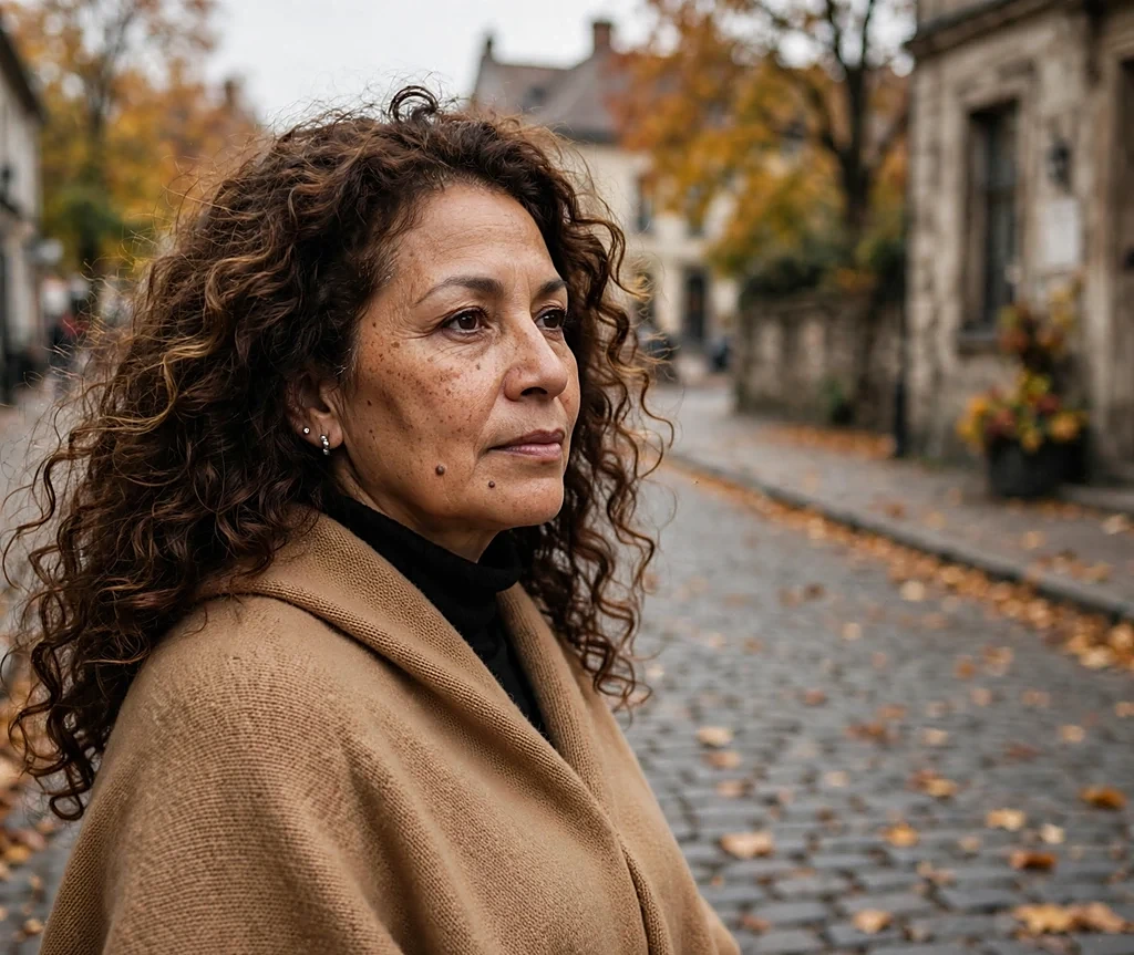 Woman with dark toffee curly hair on a historic cobblestone street